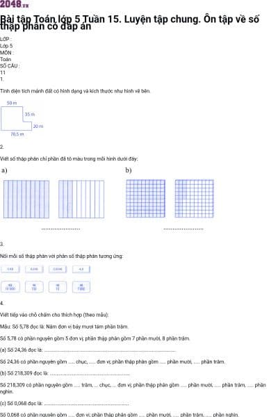 Bài tập Toán lớp 5 Tuần 15. Luyện tập chung. Ôn tập về số thập phân có đáp án