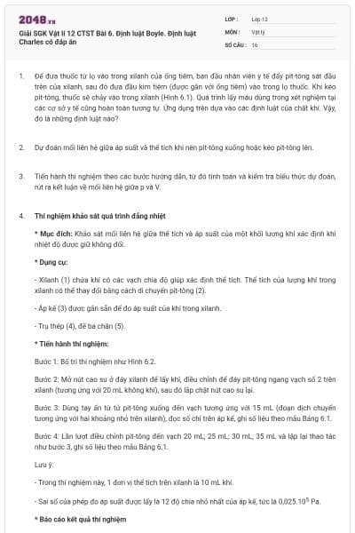 Giải SGK Vật lí 12 CTST Bài 6. Định luật Boyle. Định luật Charles có đáp án