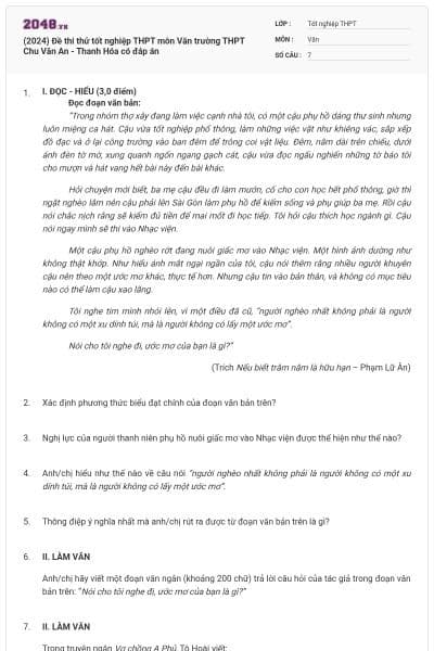 (2024) Đề thi thử tốt nghiệp THPT môn Văn trường THPT Chu Văn An - Thanh Hóa có đáp án