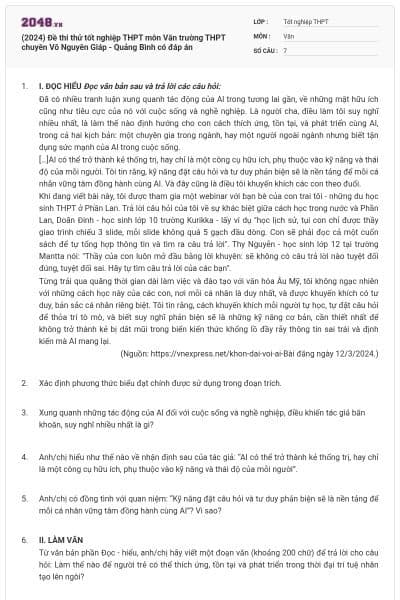 (2024) Đề thi thử tốt nghiệp THPT môn Văn trường THPT chuyên Võ Nguyên Giáp - Quảng Bình có đáp án