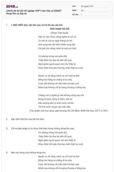 (2024) Đề thi thử tốt nghiệp THPT môn Văn sở GD&ĐT Hưng Yên có đáp án