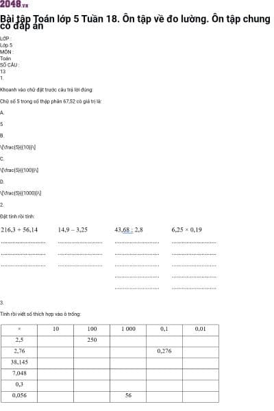 Bài tập Toán lớp 5 Tuần 18. Ôn tập về đo lường. Ôn tập chung có đáp án