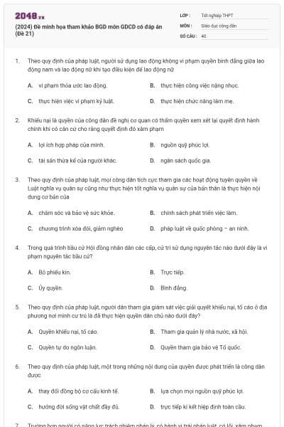 (2024) Đề minh họa tham khảo BGD môn GDCD có đáp án (Đề 21)