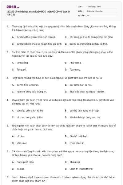 (2024) Đề minh họa tham khảo BGD môn GDCD có đáp án (Đề 22)