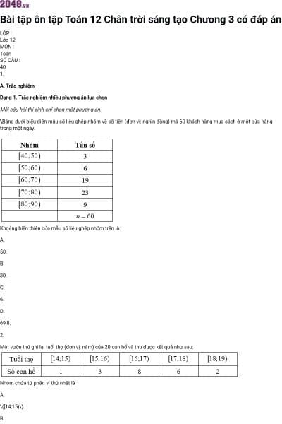 Bài tập ôn tập Toán 12 Chân trời sáng tạo Chương 3 có đáp án
