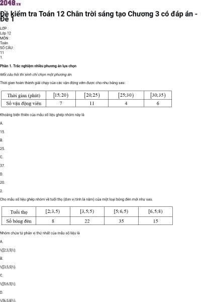 Đề kiểm tra Toán 12 Chân trời sáng tạo Chương 3 có đáp án - Đề 1