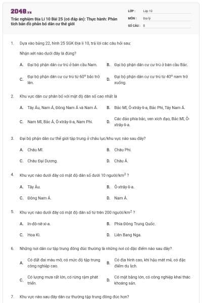 Trắc nghiệm Địa Lí 10 Bài 25 (có đáp án): Thực hành: Phân tích bản đồ phân bố dân cư thế giới