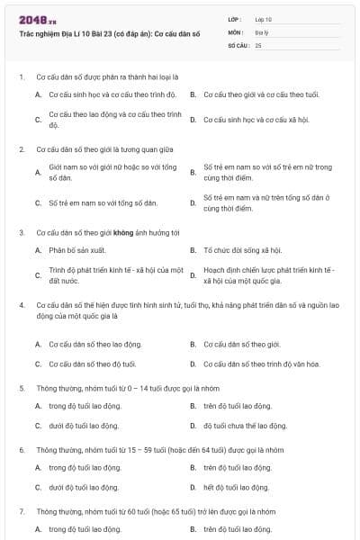 Trắc nghiệm Địa Lí 10 Bài 23 (có đáp án): Cơ cấu dân số