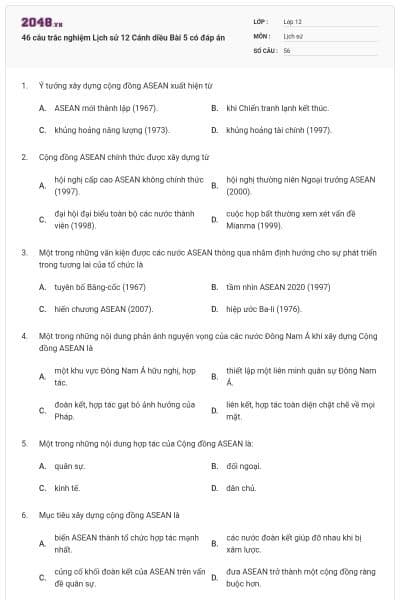 46 câu trắc nghiệm Lịch sử 12 Cánh diều Bài 5 có đáp án