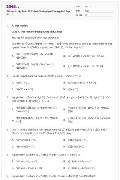Bài tập ôn tập  Toán 12 Chân trời sáng tạo Chương 4 có đáp án