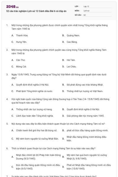 52 câu trắc nghiệm Lịch sử 12 Cánh diều Bài 6 có đáp án