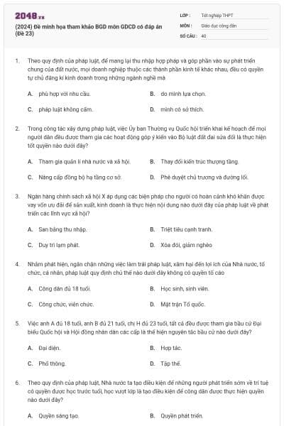 (2024) Đề minh họa tham khảo BGD môn GDCD có đáp án (Đề 23)