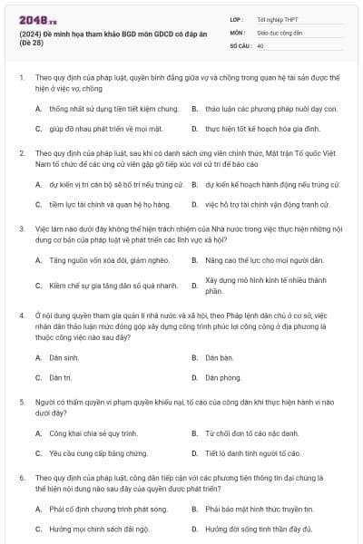 (2024) Đề minh họa tham khảo BGD môn GDCD có đáp án (Đề 28)