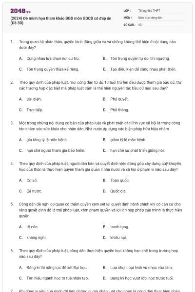 (2024) Đề minh họa tham khảo BGD môn GDCD có đáp án (Đề 30)