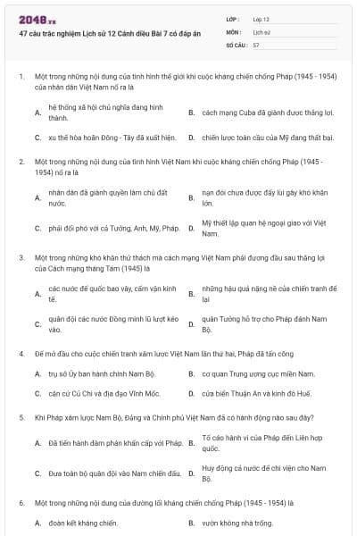 47 câu trắc nghiệm Lịch sử 12 Cánh diều Bài 7 có đáp án
