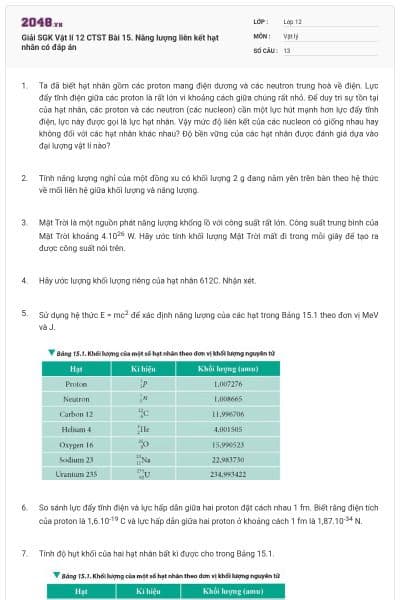 Giải SGK Vật lí 12 CTST Bài 15. Năng lượng liên kết hạt nhân có đáp án