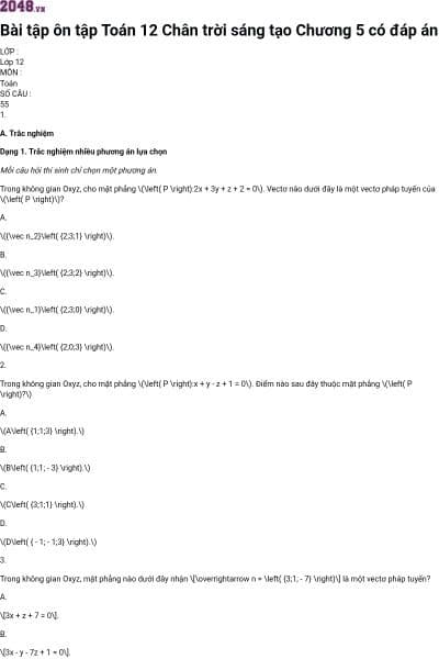 Bài tập ôn tập Toán 12 Chân trời sáng tạo Chương 5 có đáp án