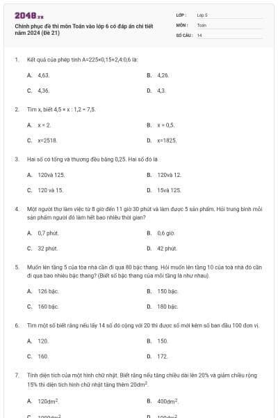 Chinh phục đề thi môn Toán vào lớp 6 có đáp án chi tiết năm 2024 (Đề 21)