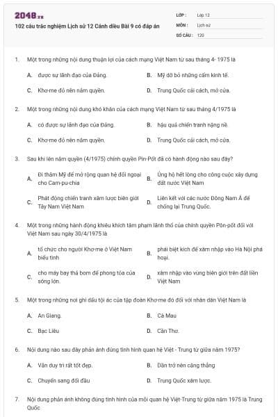 102 câu trắc nghiệm Lịch sử 12 Cánh diều Bài 9 có đáp án