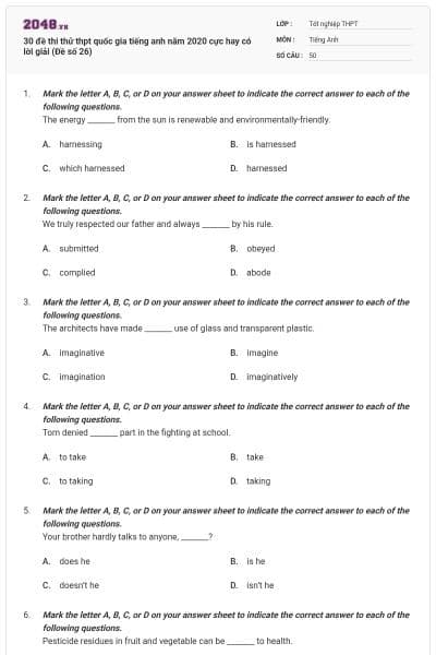 30 đề thi thử thpt quốc gia tiếng anh năm 2020 cực hay có lời giải (Đề số 26)