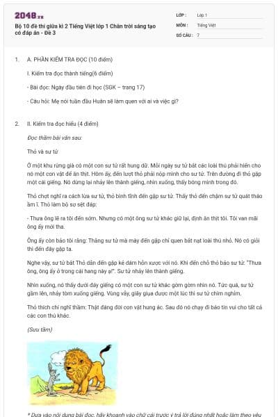 Bộ 10 đề thi giữa kì 2 Tiếng Việt lớp 1 Chân trời sáng tạo có đáp án - Đề 3