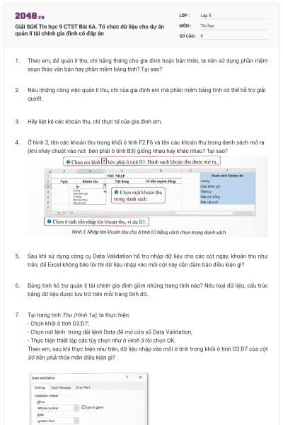Giải SGK Tin học 9 CTST Bài 6A. Tổ chức dữ liệu cho dự án quản lí tài chính gia đình có đáp án
