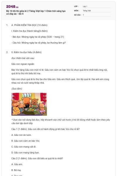 Bộ 10 đề thi giữa kì 2 Tiếng Việt lớp 1 Chân trời sáng tạo có đáp án - Đề 4