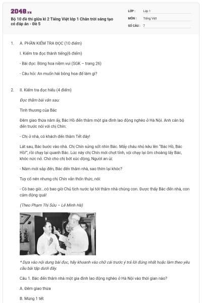 Bộ 10 đề thi giữa kì 2 Tiếng Việt lớp 1 Chân trời sáng tạo có đáp án - Đề 5