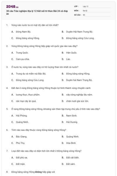 30 câu Trắc nghiệm Địa lý 12 Kết nối tri thức Bài 24 có đáp án