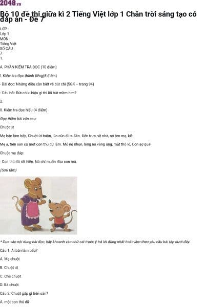 Bộ 10 đề thi giữa kì 2 Tiếng Việt lớp 1 Chân trời sáng tạo có đáp án - Đề 7