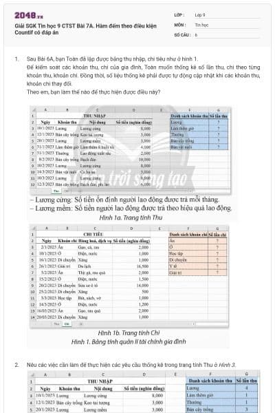 Giải SGK Tin học 9 CTST Bài 7A. Hàm đếm theo điều kiện Countif có đáp án