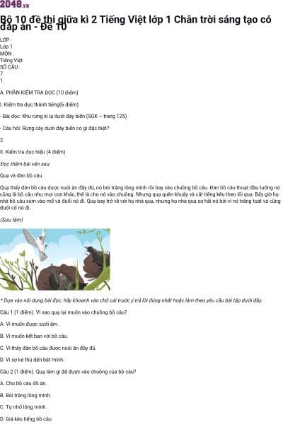 Bộ 10 đề thi giữa kì 2 Tiếng Việt lớp 1 Chân trời sáng tạo có đáp án - Đề 10