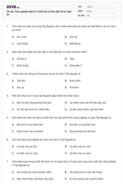 30 câu Trắc nghiệm Địa lý 12 Kết nối tri thức Bài 28 có đáp án