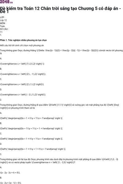 Đề kiểm tra Toán 12 Chân trời sáng tạo Chương 5 có đáp án - Đề 1