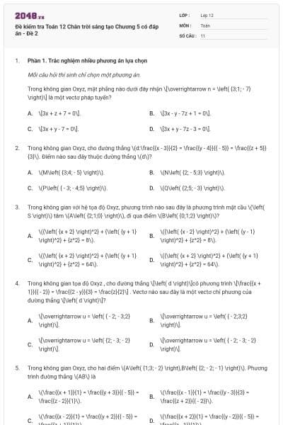 Đề kiểm tra Toán 12 Chân trời sáng tạo Chương 5 có đáp án - Đề 2