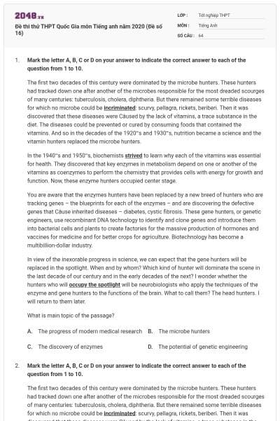 Đề thi thử THPT Quốc Gia môn Tiếng anh năm 2020 (Đề số 16)