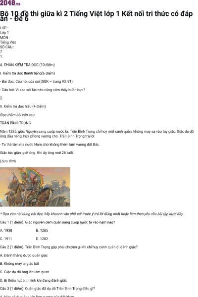 Bộ 10 đề thi giữa kì 2 Tiếng Việt lớp 1 Kết nối tri thức có đáp án - Đề 6