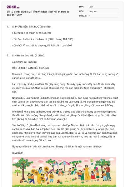 Bộ 10 đề thi giữa kì 2 Tiếng Việt lớp 1 Kết nối tri thức có đáp án - Đề 9