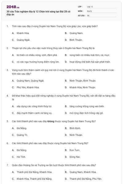 30 câu Trắc nghiệm Địa lý 12 Chân trời sáng tạo Bài 28 có đáp án
