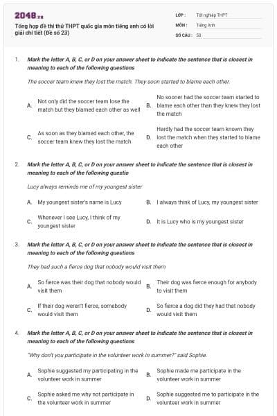 Tổng hợp đề thi thử THPT quốc gia môn tiếng anh có lời giải chi tiết (Đề số 23)