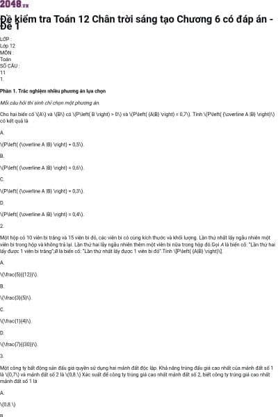 Đề kiểm tra Toán 12 Chân trời sáng tạo Chương 6 có đáp án - Đề 1