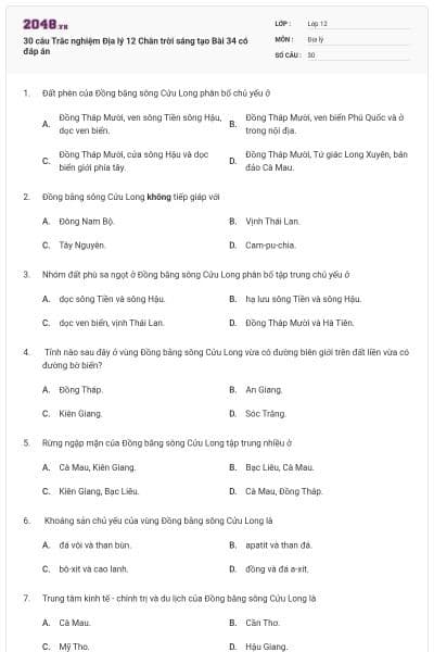 30 câu Trắc nghiệm Địa lý 12 Chân trời sáng tạo Bài 34 có đáp án