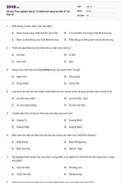 30 câu Trắc nghiệm Địa lý 12 Chân trời sáng tạo Bài 37 có đáp án