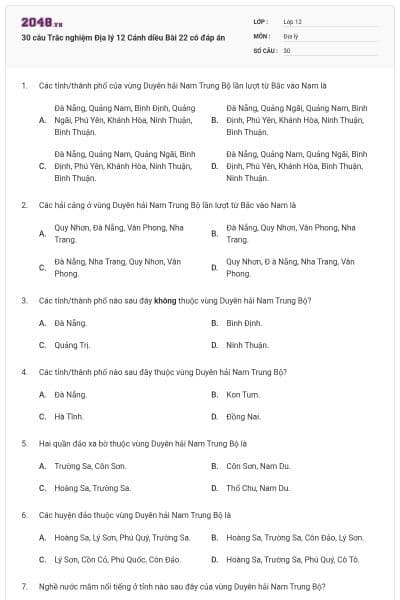 30 câu Trắc nghiệm Địa lý 12 Cánh diều Bài 22 có đáp án