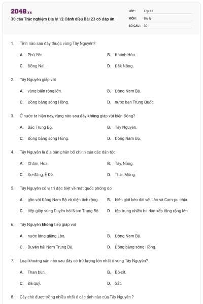 30 câu Trắc nghiệm Địa lý 12 Cánh diều Bài 23 có đáp án