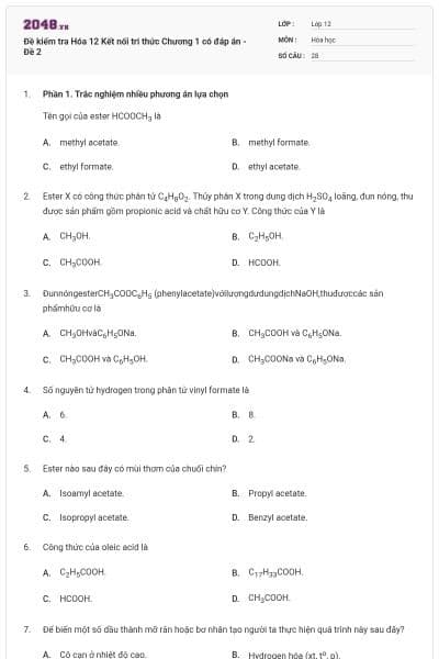 Đề kiểm tra Hóa 12 Kết nối tri thức Chương 1 có đáp án - Đề 2