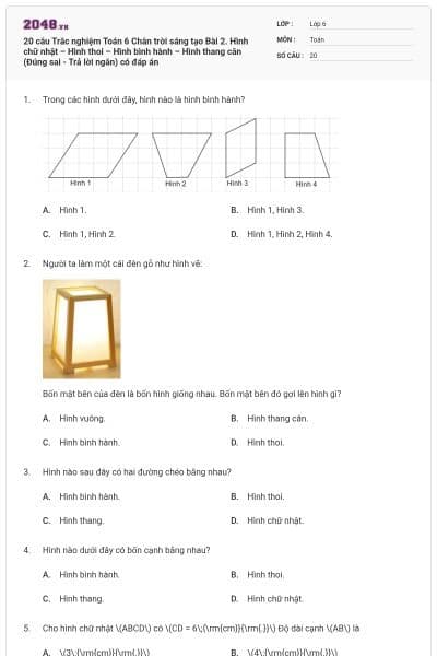 20 câu Trắc nghiệm Toán 6 Chân trời sáng tạo Bài 2. Hình chữ nhật – Hình thoi – Hình bình hành – Hình thang cân (Đúng sai - Trả lời ngắn) có đáp án