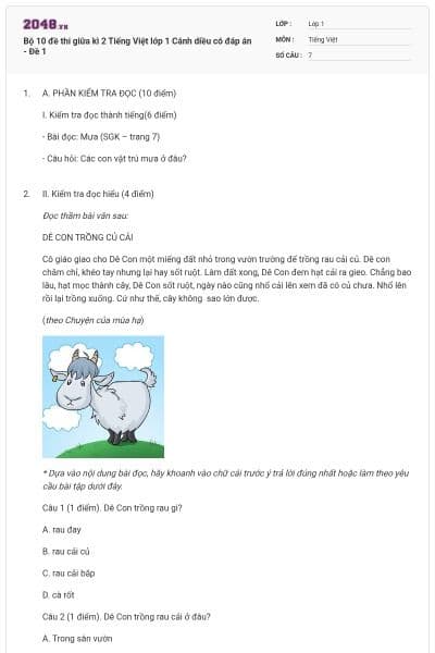 Bộ 10 đề thi giữa kì 2 Tiếng Việt lớp 1 Cánh diều có đáp án - Đề 1