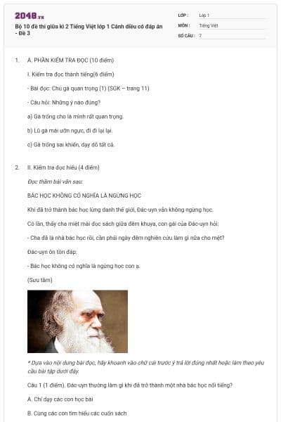 Bộ 10 đề thi giữa kì 2 Tiếng Việt lớp 1 Cánh diều có đáp án - Đề 3