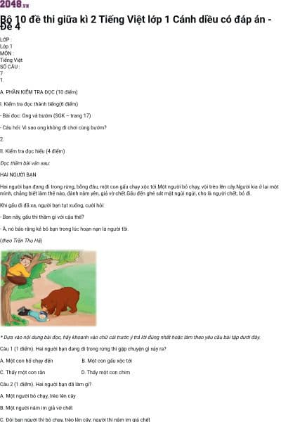 Bộ 10 đề thi giữa kì 2 Tiếng Việt lớp 1 Cánh diều có đáp án - Đề 4